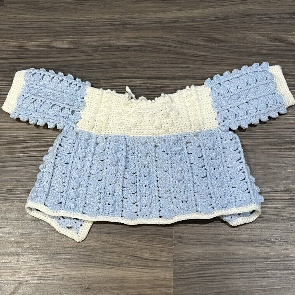 Handmade Blue And White Crocheted Newborn Baby Top Open Back Tie